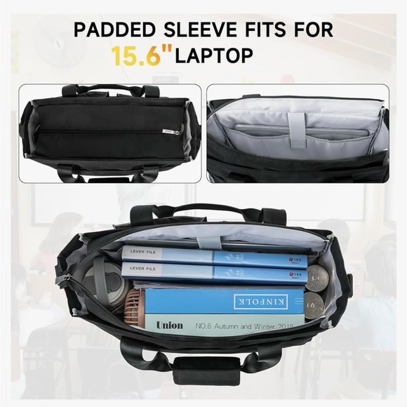 Black Tote Bag With Laptop Compartment, Large Utility Tote With 15 Pockets, Work - Picture 5 of 6